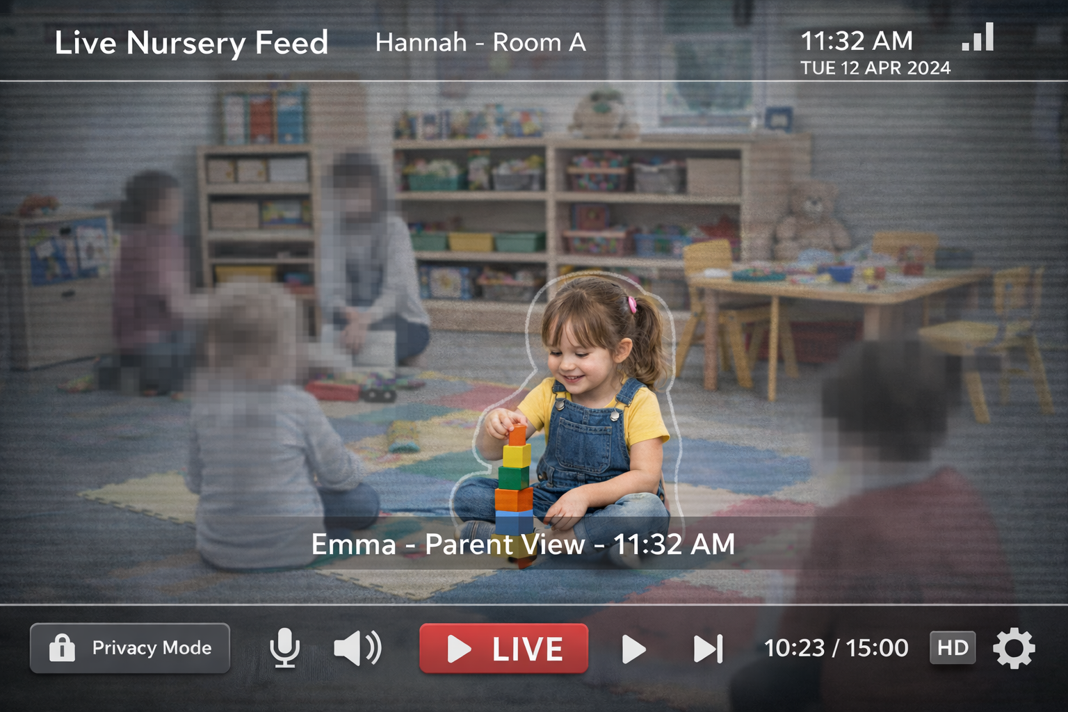 Kindiguardian live nursery feed showing privacy-first parent view with other children automatically blurred